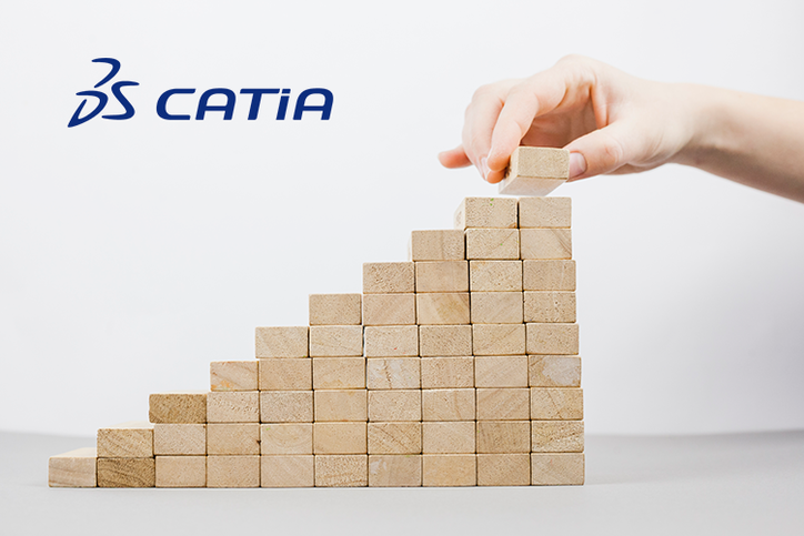 Hand setzt einen Holzklotz auf eine Treppe aus Holzklötzen, daneben das CATIA-Logo