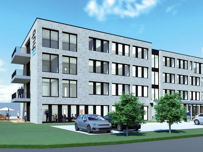 Visualisierung des ithub in Bissendorf: viergeschossiges Bürogebäude mit heller Klinkerfassade
