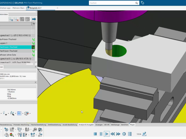 Trochoidalfräsen einer Tasche in einem eingespannten Werkstück, Simulation in DELMIA Mill-Turn Machining