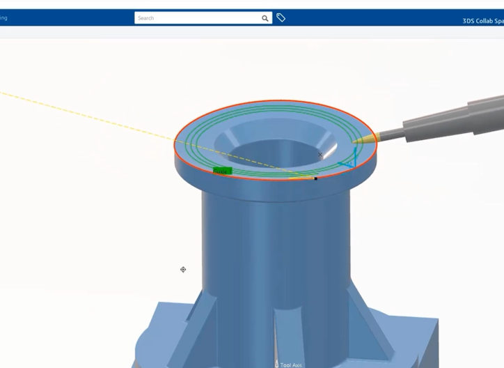 Kreissegmentfräser beim Schlichten einer Ringfläche, Simulation mit Werkzeugbahnen in 3DEXPERIENCE