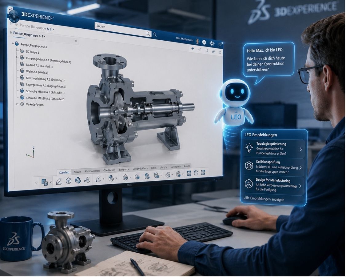 Konstrukteur mit Pumpenbaugruppe in 3DEXPERIENCE, daneben der KI-Assistent LEO mit Empfehlungen