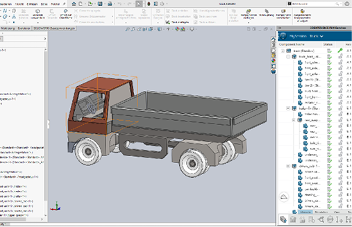 Lkw-Baugruppe in SOLIDWORKS, rechts der Strukturbaum der 3DEXPERIENCE-Anbindung