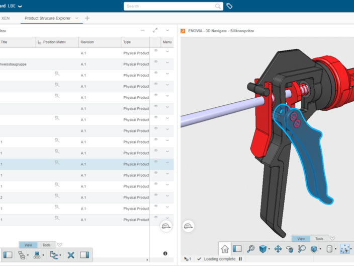 3D-Modell einer Silikonspritze in ENOVIA 3D Navigate, daneben die Produktstruktur