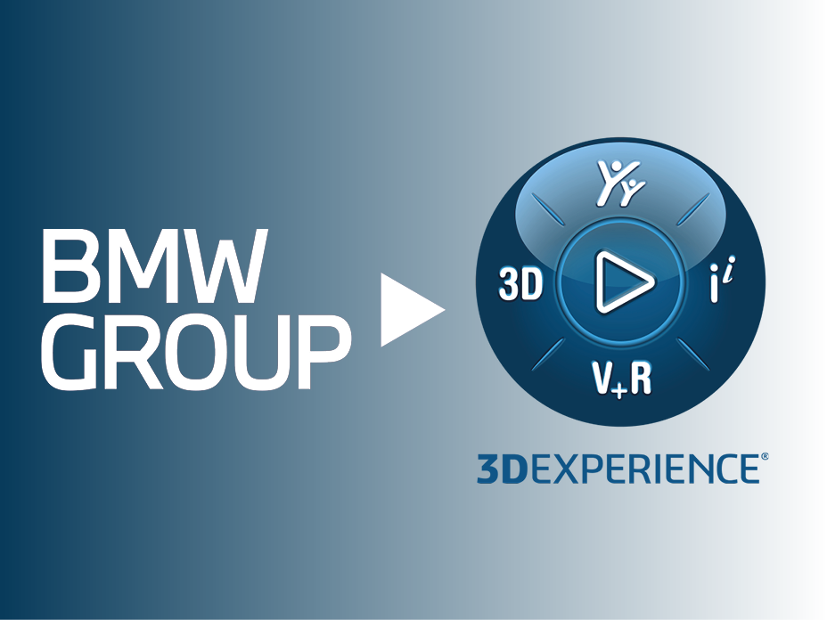 Schriftzug BMW Group mit Pfeil zum Logo der 3DEXPERIENCE-Plattform